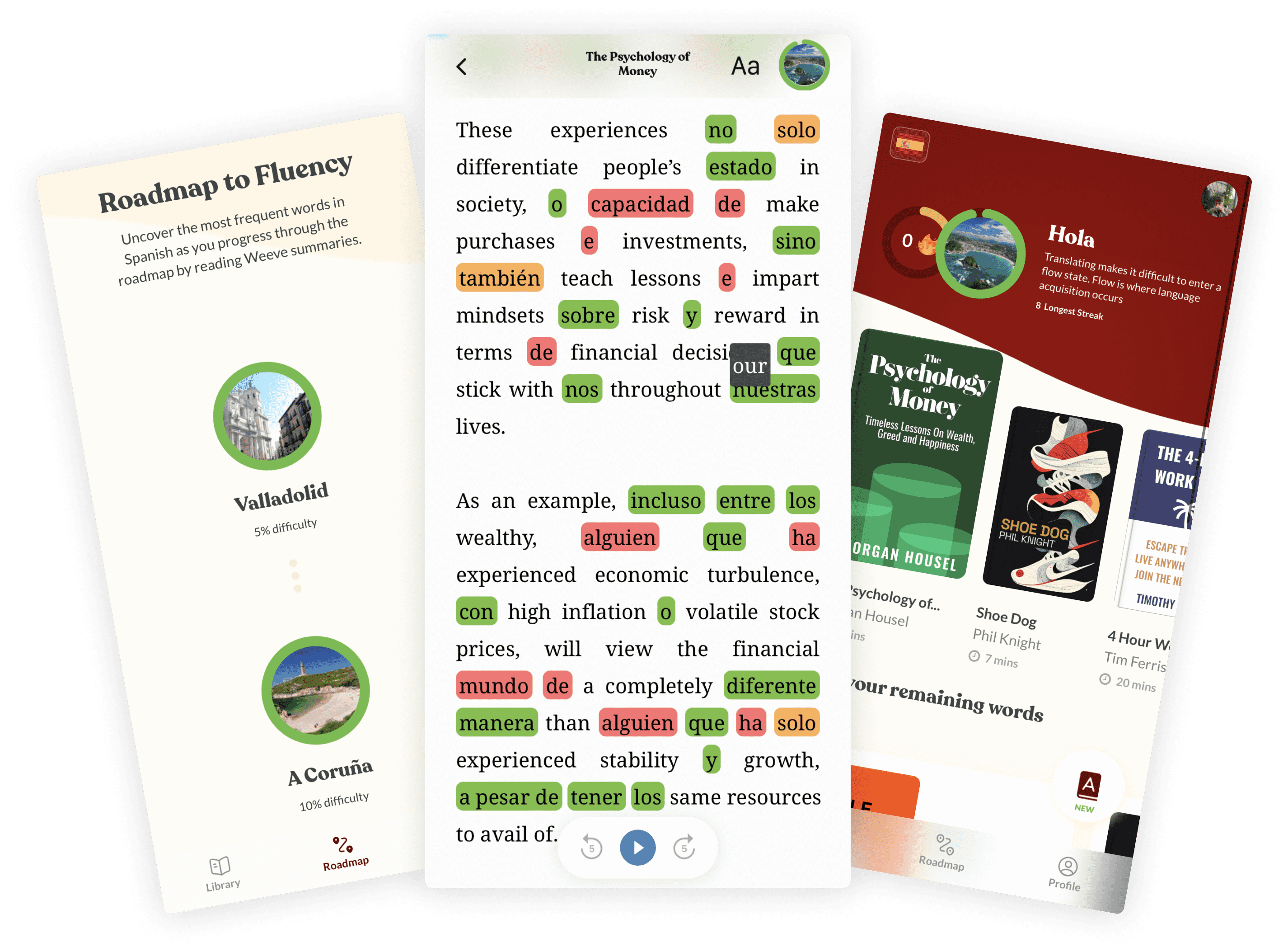 Page from the psychology of money by Morgan Housel. Shows the page with Spanish text weaved throughout so you can learn Spanish entirely through context