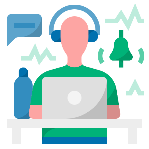 Icon showing a person on a computer with headphones whilst listening to environment
