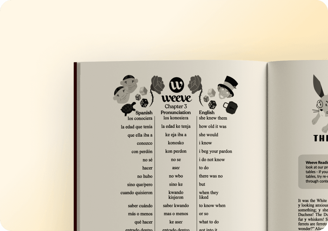 Weeve open book showing pronunciation of foreign languages