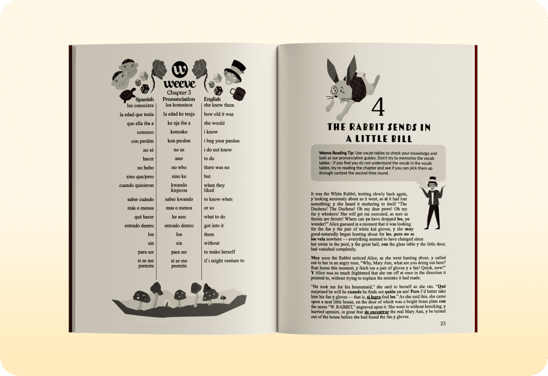 Weeve Language Learning book showing open page with language learning tips