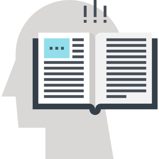 Icon with a book at a person's head signifying the memorisation process